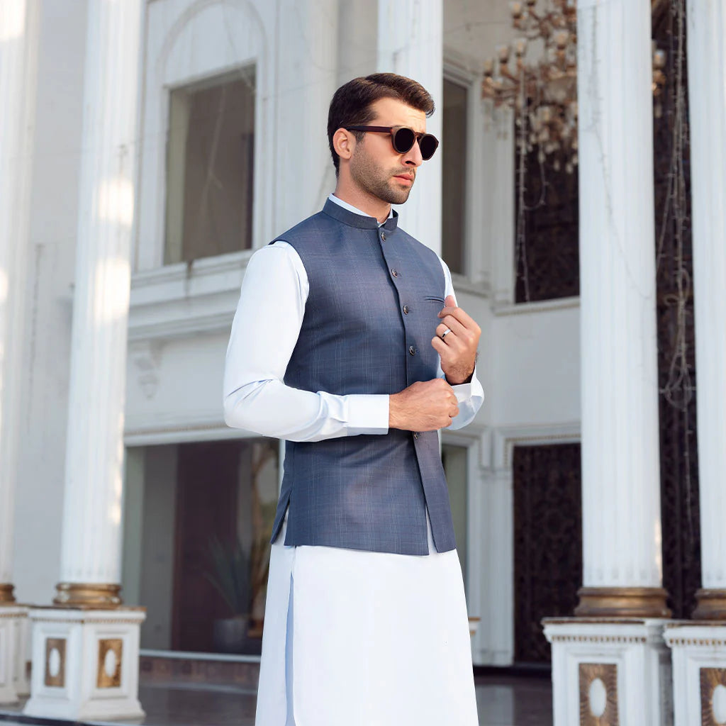 Dawn Blue Windowpane Waist Coat