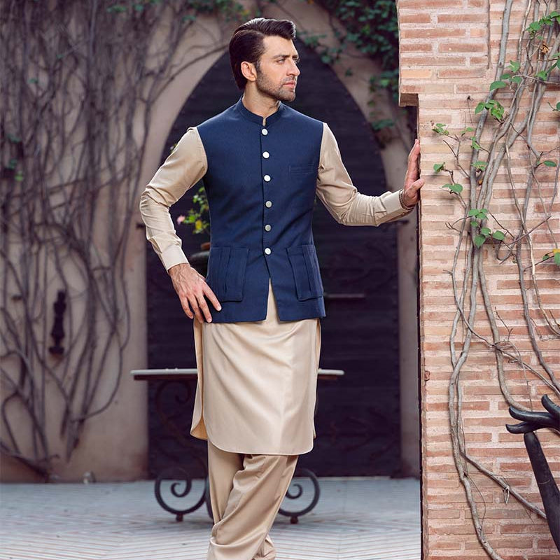 Navy Blue Box Pleat Classic Waist Coat